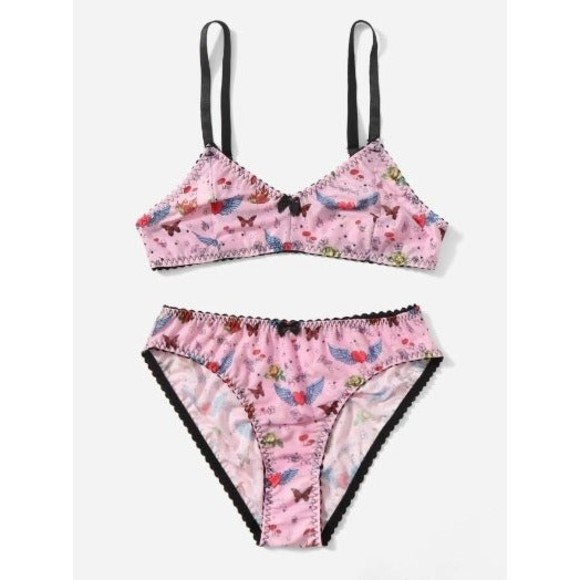 Size 8 Medium Pink Butterfly, Heart & Wings Graphic Bow Lingerie Set - Picture 5 of 5